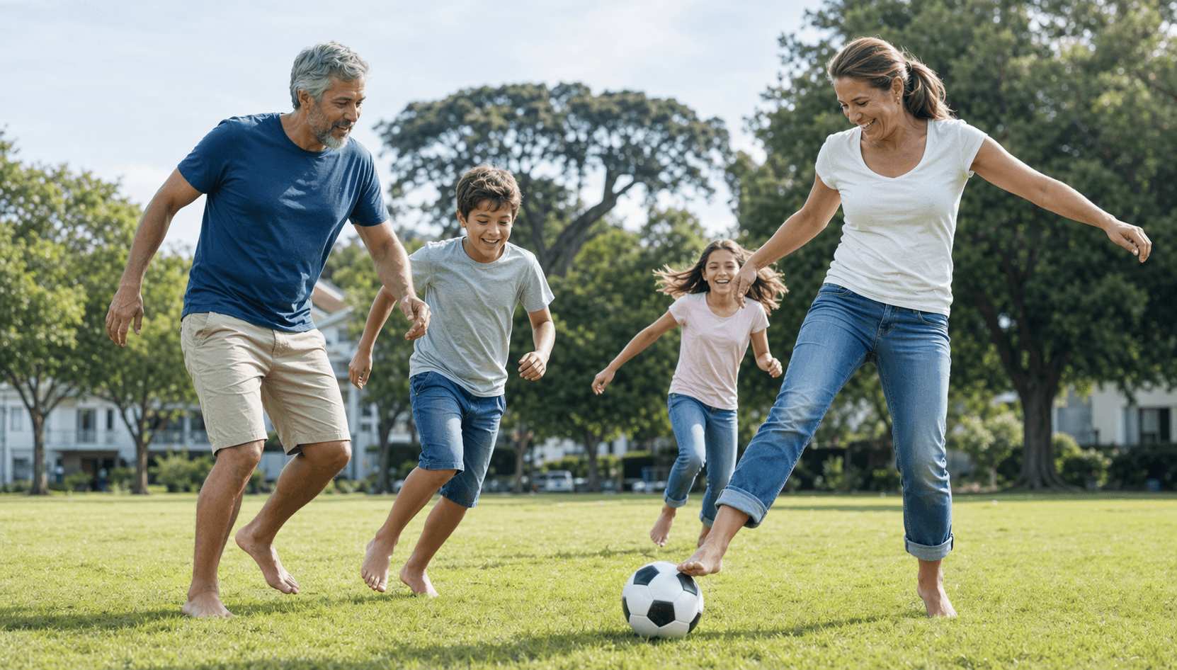 Family playing soccer together outside
