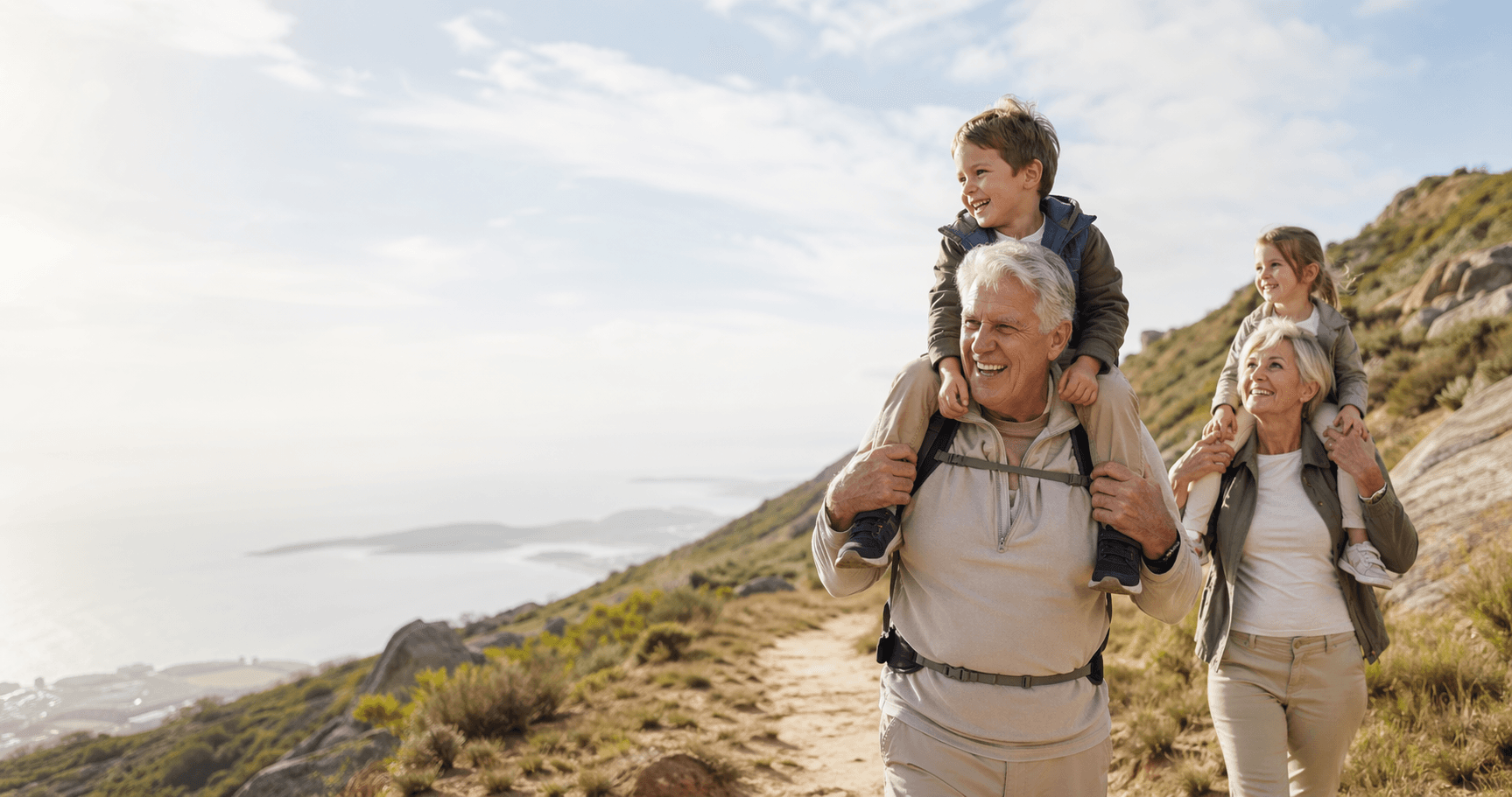 Active grandparents hiking with children